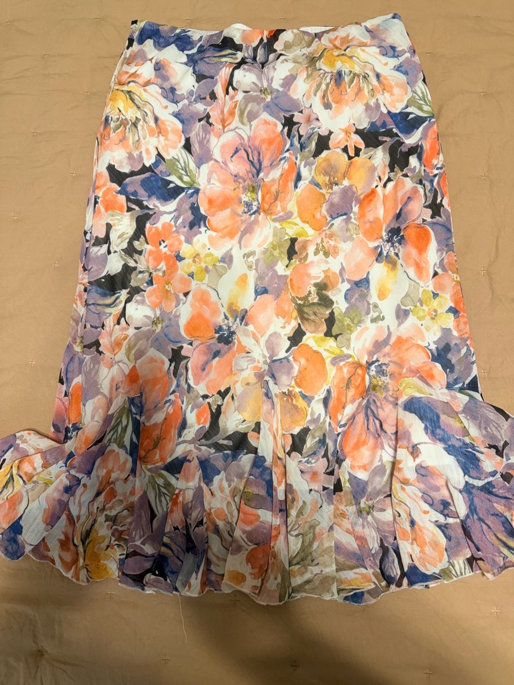 DRESSBARN Floral Midi Skirt in Orange, Purple, Yellow, Blue